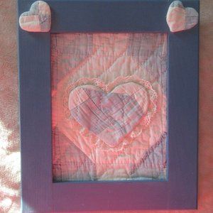 Framed Antique Blue and White Heart Quilt Square 11x13 inches Cottagecore Decor